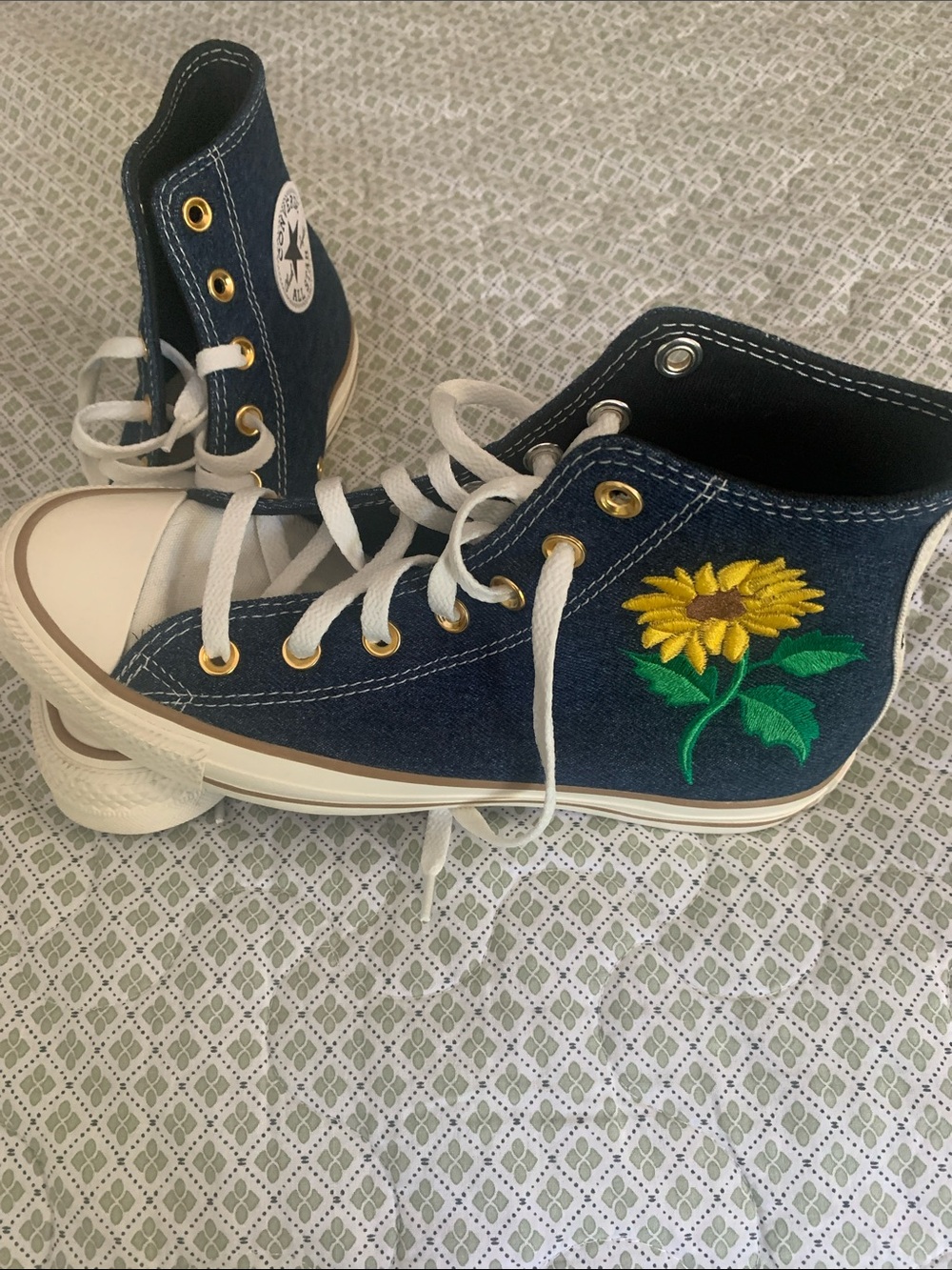 Converse Navy Denim High Top Sneakers with Yellow Sunflower